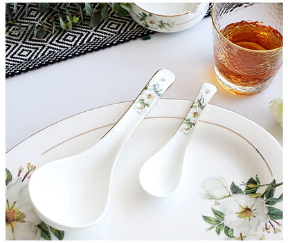 Bone China Dinnerware Set - Floral Ceramic Plates Bowls  Soup Pots