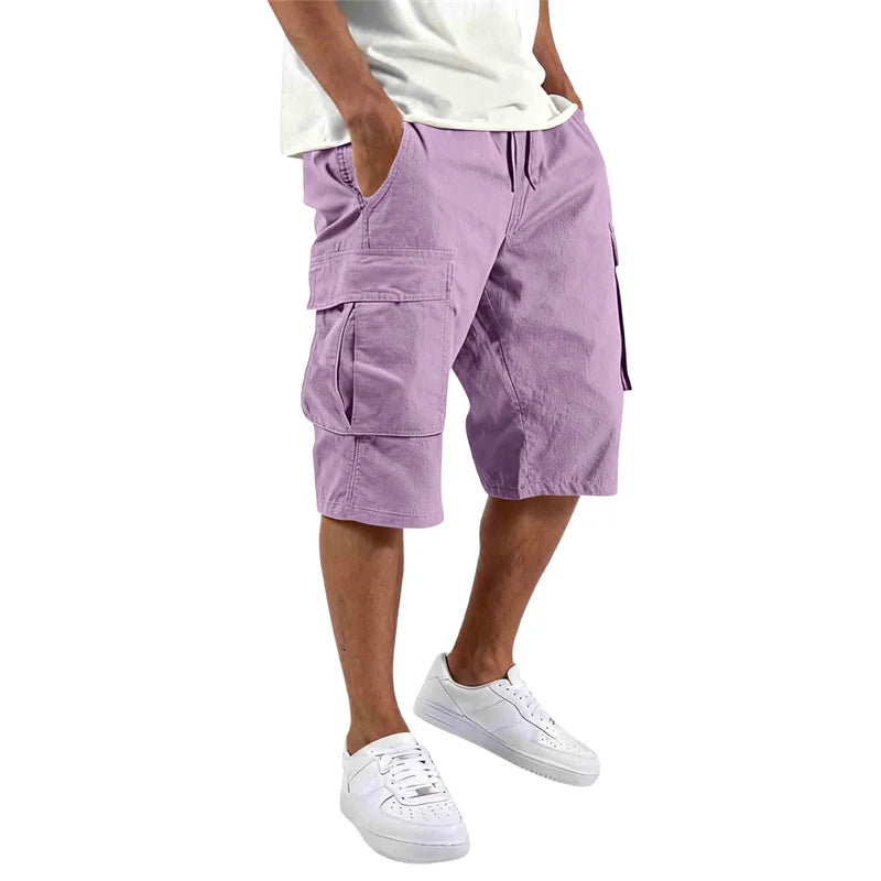 2026 Summer men loose straight pants Casual multi-pocket Shorts pure color fashion Men Shorts drawstring daily cargo short pants