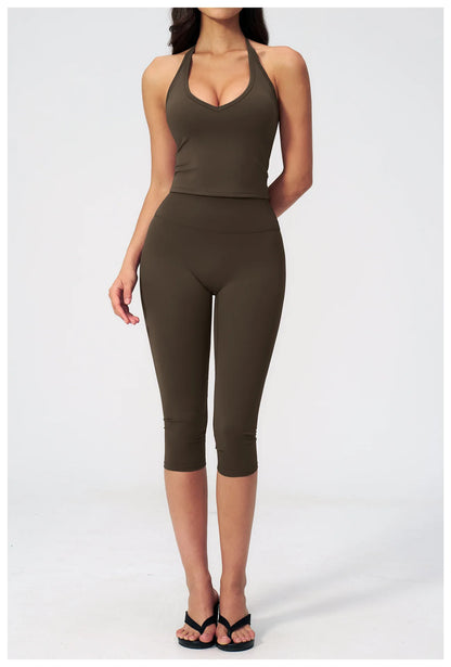 Women 2 Piece Yoga Set High Waist Capri Leggings Sports Bra Crop Top Workout Gym Athletic Outfits Female Fitness Activewear Suit