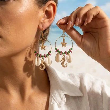 Boho Stone Hoop Earrings – Starfish & Shell Dangle (Y2K Beach)