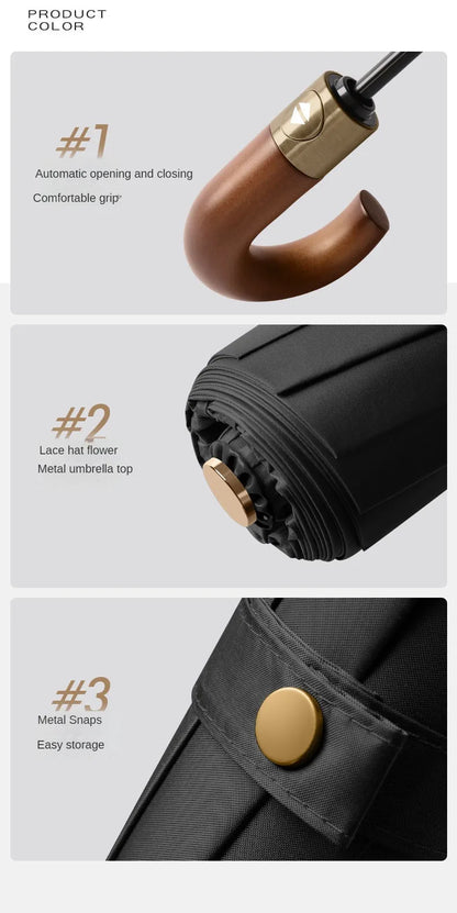 Windproof UV protection casual folding UPF50+automatic umbrella handle curved handle design, stylish design compact sun and rain