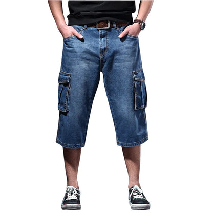 Denim Shorts - Mens Casual Loose Fit Multi Pocket Five & Seven Quarter Workwear