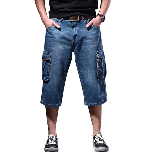Denim Shorts - Mens Casual Loose Fit Multi Pocket Five & Seven Quarter Workwear