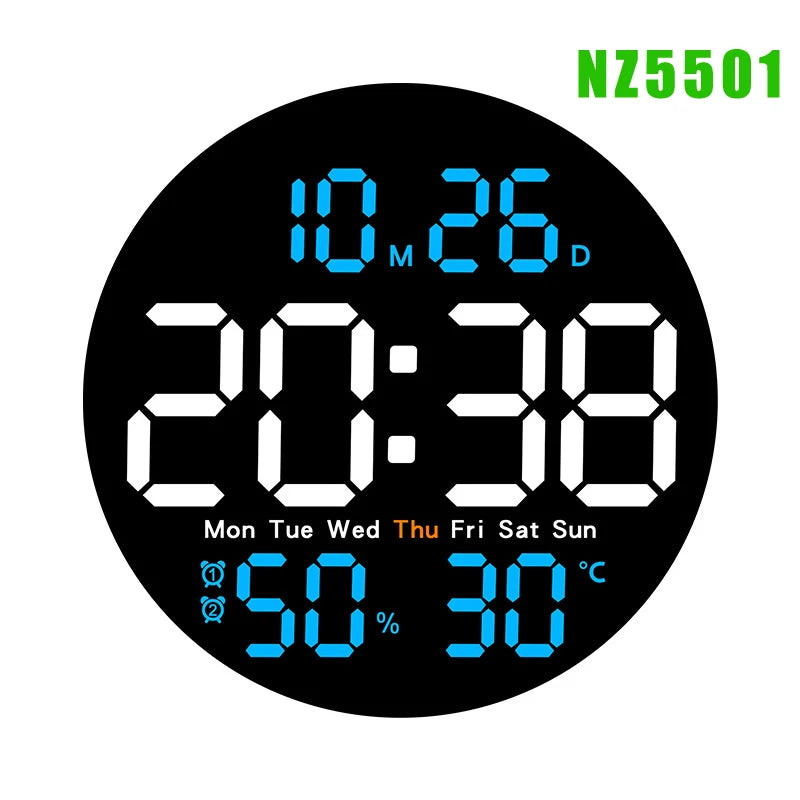 LED Wall Clock with Remote Control - Dual Alarms Calendar  Temperature Display Adjustable Brightness for Home Decor