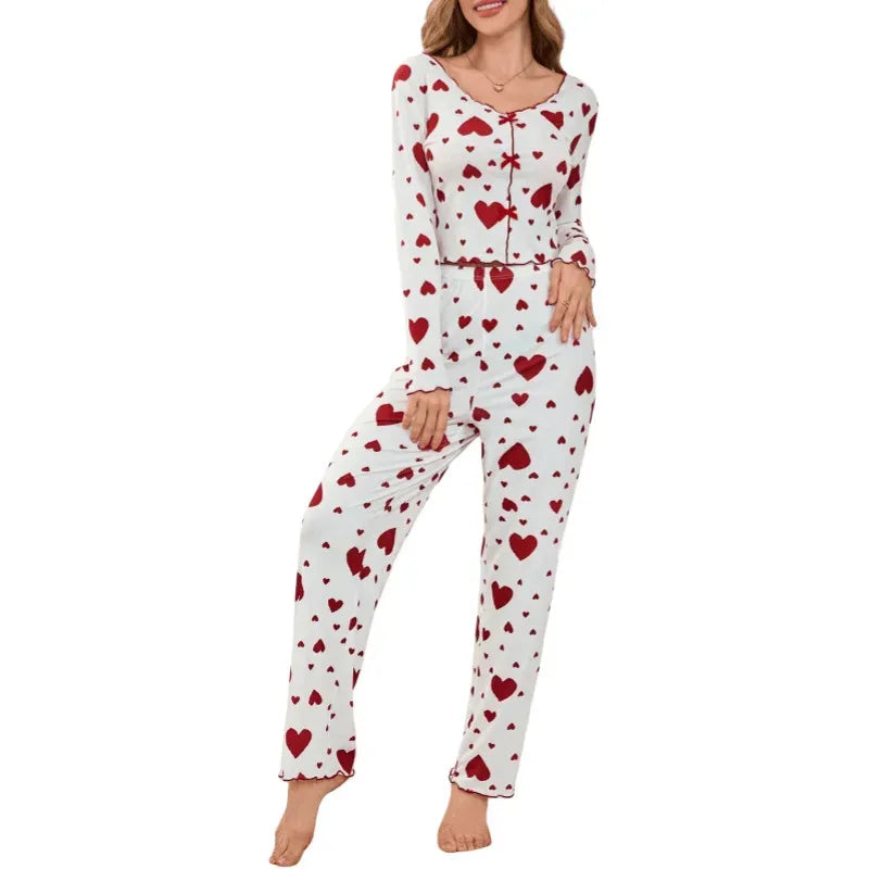 Pajamas 2 Piece Sets Women Sleepwear Loungewear Suit Top Pants Heart Print Bow Trousers Autumn Ensemble Nightwear Outfits
