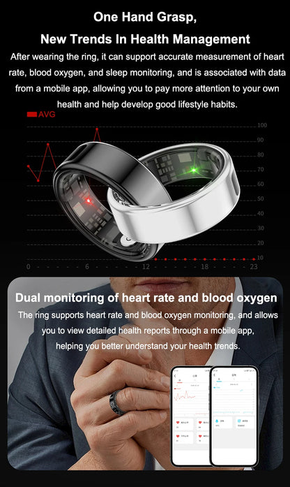 Fitness Sleep Smart Ring LED Display Screen Heart Rate Blood Oxygen Monitoring Outdoor Sports Modes IP68 & 5ATM Waterproof Ring