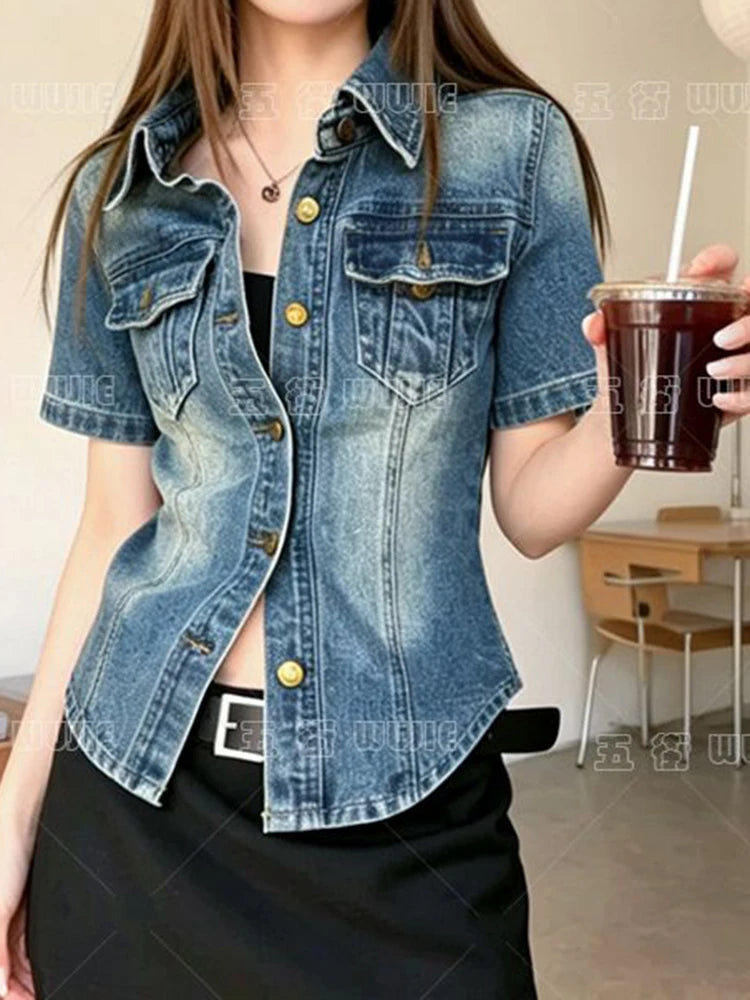 French retro Polo collar short-sleeved denim jacket women's summer 2026 fashion  loose single-breasted temperament top