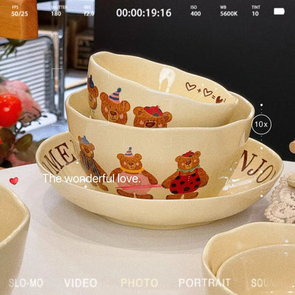 Korean Three Little Bear Cartoon Bowls - Cute Ceramic Tableware Set