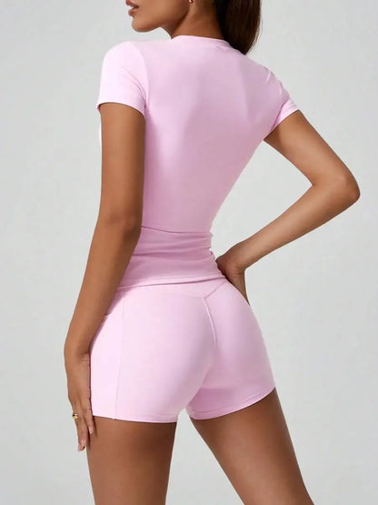 Women's Sweet Sports Short Sleeve High Waist Tummy Control Butt Lifting Shorts Set