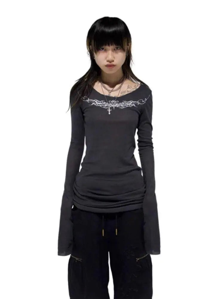Seeslim Gothic Graphic T Shirts Women Long Sleeve Korean Fashion 2000s Clothes Y2k Slim Spring Autumn Tops Tees Female Clothing