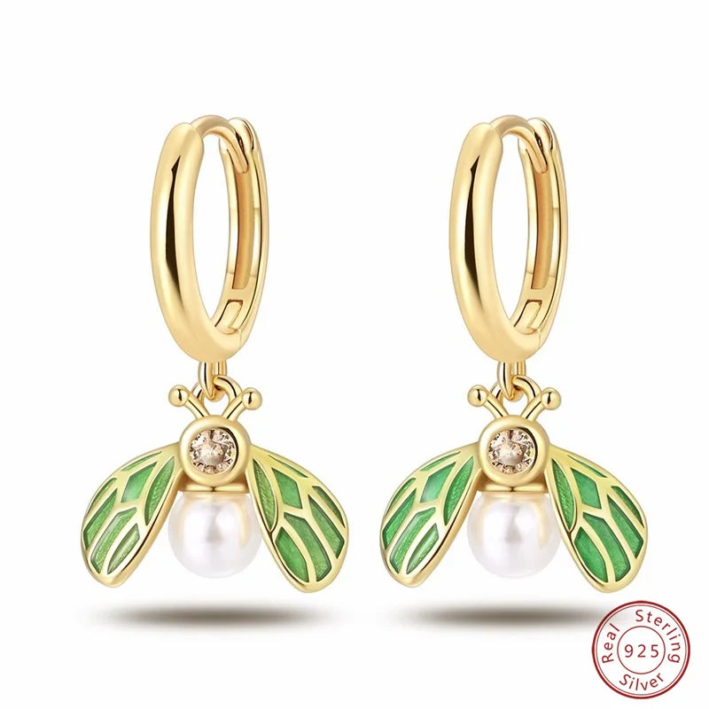 Silver Gold Pearl Earrings - 925 Sterling Silver Bee Star Moon Design Studs