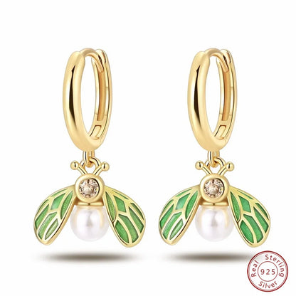 Silver Gold Pearl Earrings - 925 Sterling Silver Bee Star Moon Design Studs