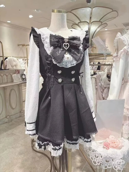 Japanese Y2 Aesthetics Vintage Bow Dress Shorts Set Women Gothic Lolita Style Long Sleeve Shirt Dress Elegant Party Dress Suits