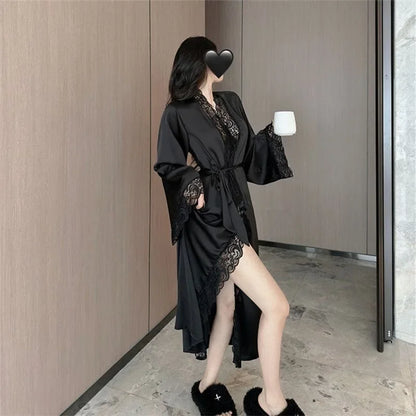 1 Piece Women's Ice Silk Satin Glossy Robe Pajamas Plus Size Nightgown Elegant Lace Homewear Fashion Casual Loungewear