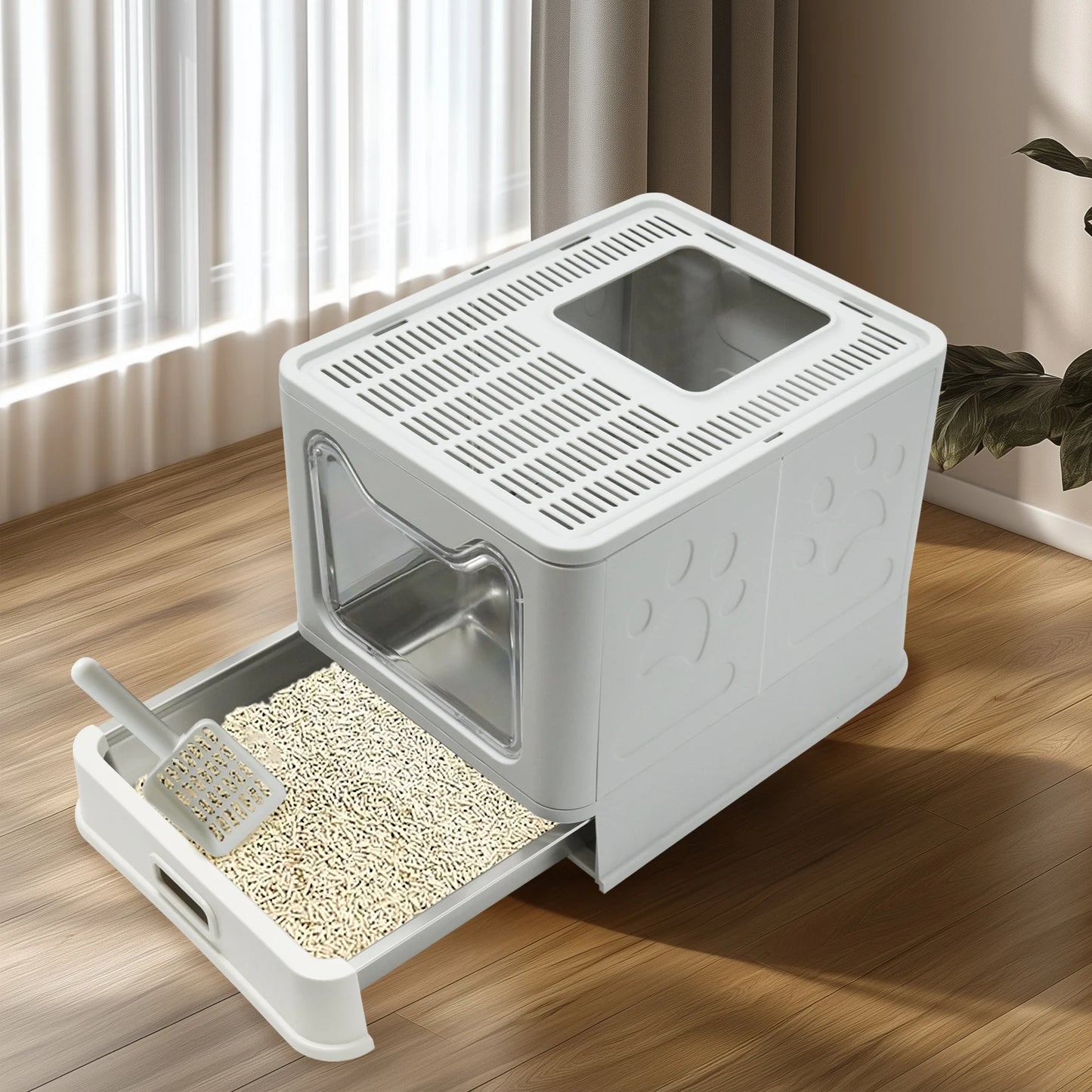 Bingopaw Stainless Steel Cat Litter Box - Front Entry with Lid  Litter Scoop for Easy Cleaning - ZOOMNSTORE