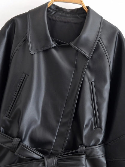 Faux Leather Trench Coat - Women's Black Belted Lapel Jacket With Zipper Closure
