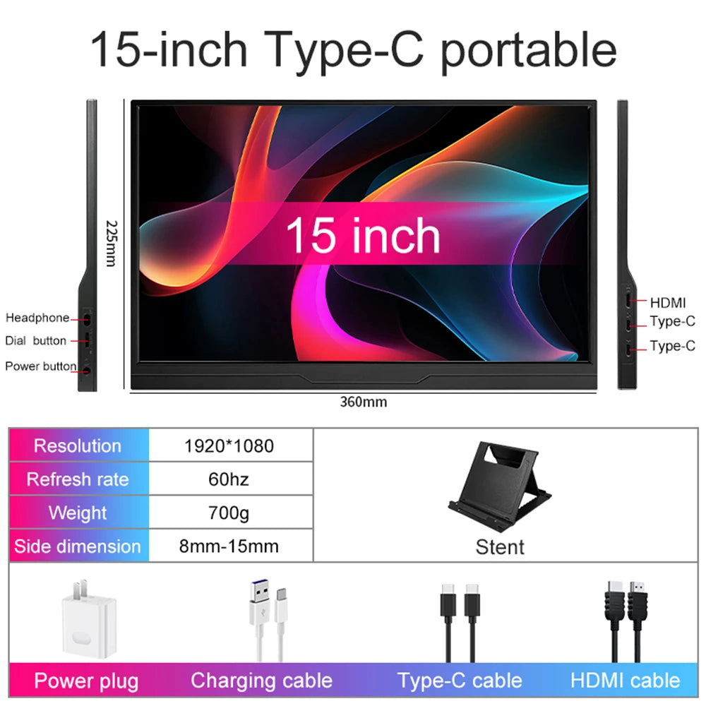 Portable Gaming Monitor 15.6 Inch FHD 1080P IPS Panel - 120Hz Refresh Rate, HDMI USB-C Second Screen