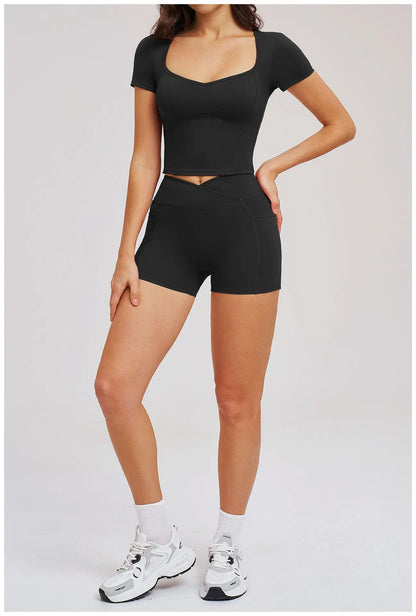 2 Pieces Workout Sports Sets Fitness Set Women Tracksuit Workout Outfits Running Sports Shorts Gym Suit Short Sleeve Yoga Top