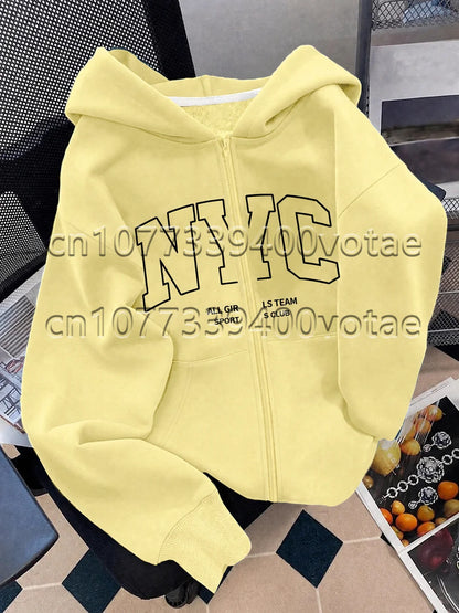 Fashion Letter Zip Up Hoodies Women Autumn Long Sleeve Tops Loose Hood Shirt Harajuku Y2K Clothes Female Sweatshirt Jacket