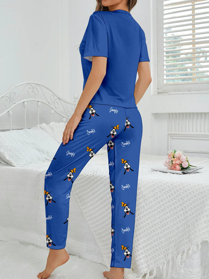 Women's 2-piece Disney Goofy Cute Cartoon Pattern Short sleeved Top and Pants Nightwear Home Clothes