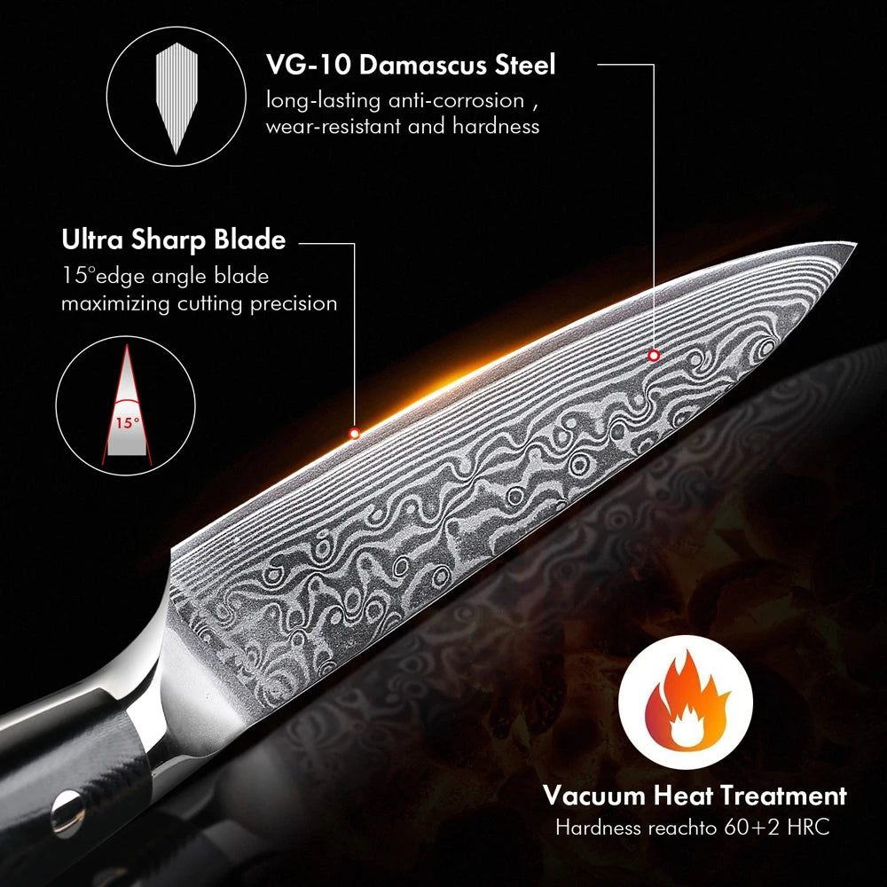 Damascus Steel Kitchen Knife – 5 Inch Utility Knife with Black G10 Handle, Rust Resistant Blade