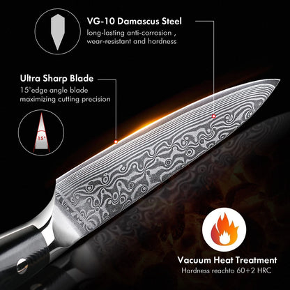 Damascus Steel Kitchen Knife – 5 Inch Utility Knife with Black G10 Handle, Rust Resistant Blade