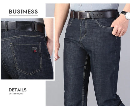Summer New Elastic Men's Jeans Fashion Comfortable Business Straight Stretch Cotton Casual Denim Pants Brand Male Thin Trousers