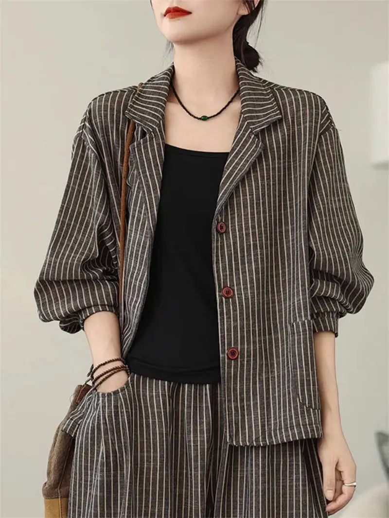 Retro Stripe Cotton And Linen Suit 2024 Women's Autumn Temperament Casual Wide Leg Harem Pants Loose Oversized 2 Piece Set K2478