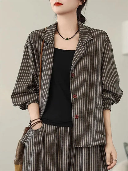 Retro Stripe Cotton And Linen Suit 2024 Women's Autumn Temperament Casual Wide Leg Harem Pants Loose Oversized 2 Piece Set K2478