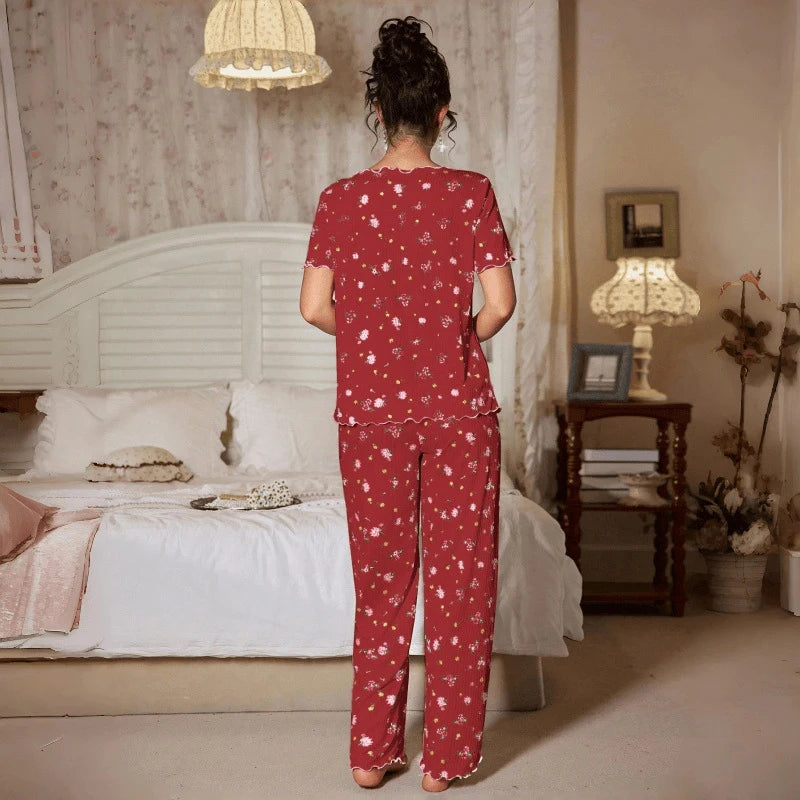 New European and American style loose-fitting women's pajamas, floral short-sleeved long pants home wear, casual two-piece set s