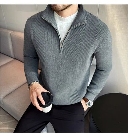 Men's Semi-Zip Knit Sweater - White (Gray/Black)  Winter Weight Fabric Fashionable Semi-High Neck Daily Wear