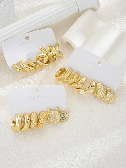 18-Piece Ocean Earring Set – Gold Starfish, Shell & Conch Hoops