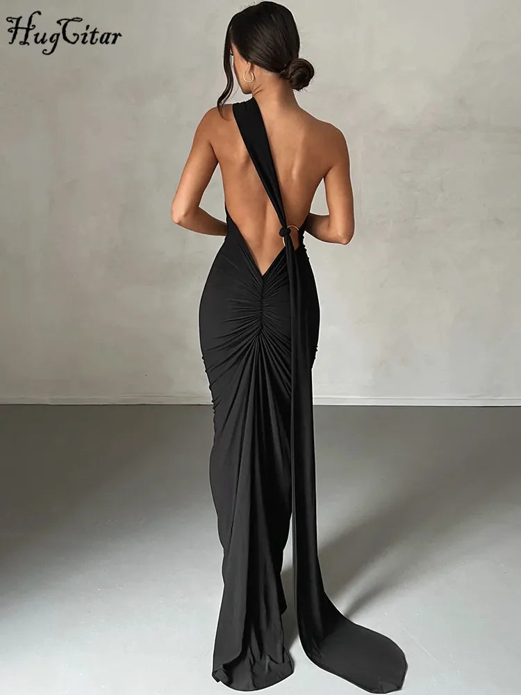 Hugcitar One Shoulder Backless Adjustable Scarf Loop Ruched Sexy Maxi Dress Women Elegant Y2K Streetwear Festival Outfit
