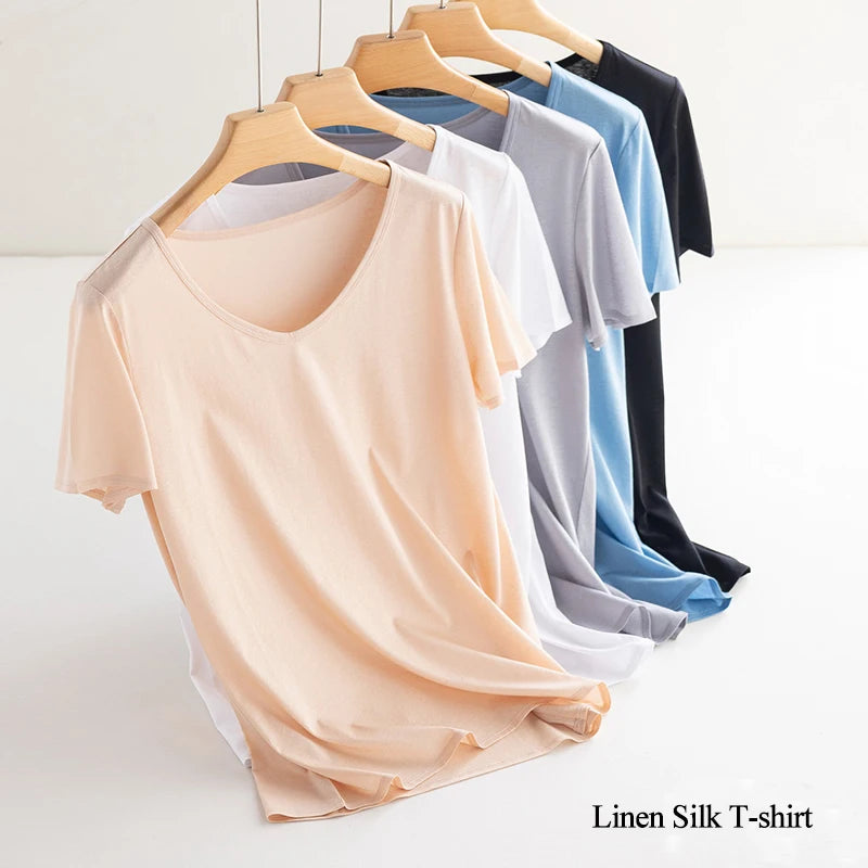 Women's V-Neck T-Shirt – Silk-Linen-Cotton Solid Summer Tee