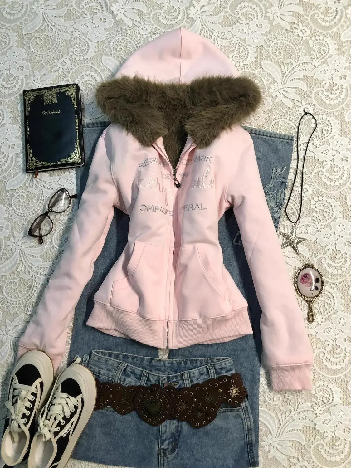 Vintage American Retro Solid Hooded Hoodie Women Winter Faux Fur Lined Zip Up Sweatshirt Cozy Fleece Pullover Streetwear Jacket