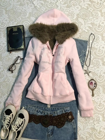 Vintage American Retro Solid Hooded Hoodie Women Winter Faux Fur Lined Zip Up Sweatshirt Cozy Fleece Pullover Streetwear Jacket