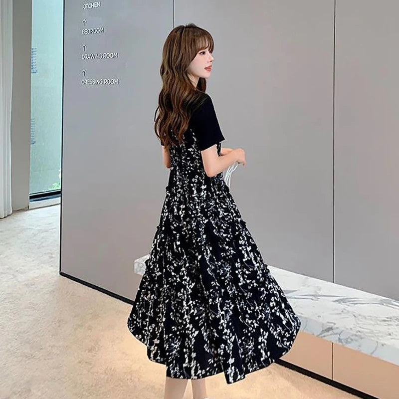 Women's T-shirt Fake two Pcs Korean style Summer Dress Mid-Length Floral Printed Boho Casual Daily Chiffon floral black Dress