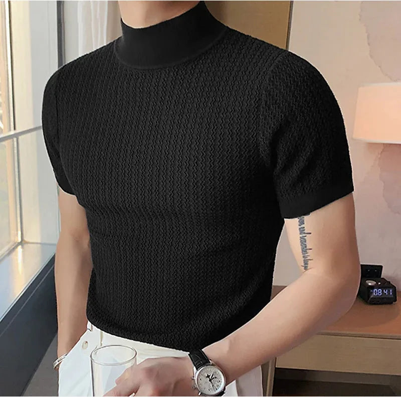 Men's High Neck T-Shirt – Casual Summer Knitted Base Tee | Breathable Polyester Top