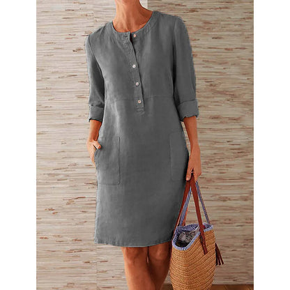 Women's Cotton Linen Tunic Dress – Vintage Long-Sleeve Oversized Mini Dress