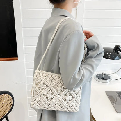 Handmade Cotton Crossbody Bag - Vintage Tassel Shoulder Messenger for Women Summer Beach Handbag 2023