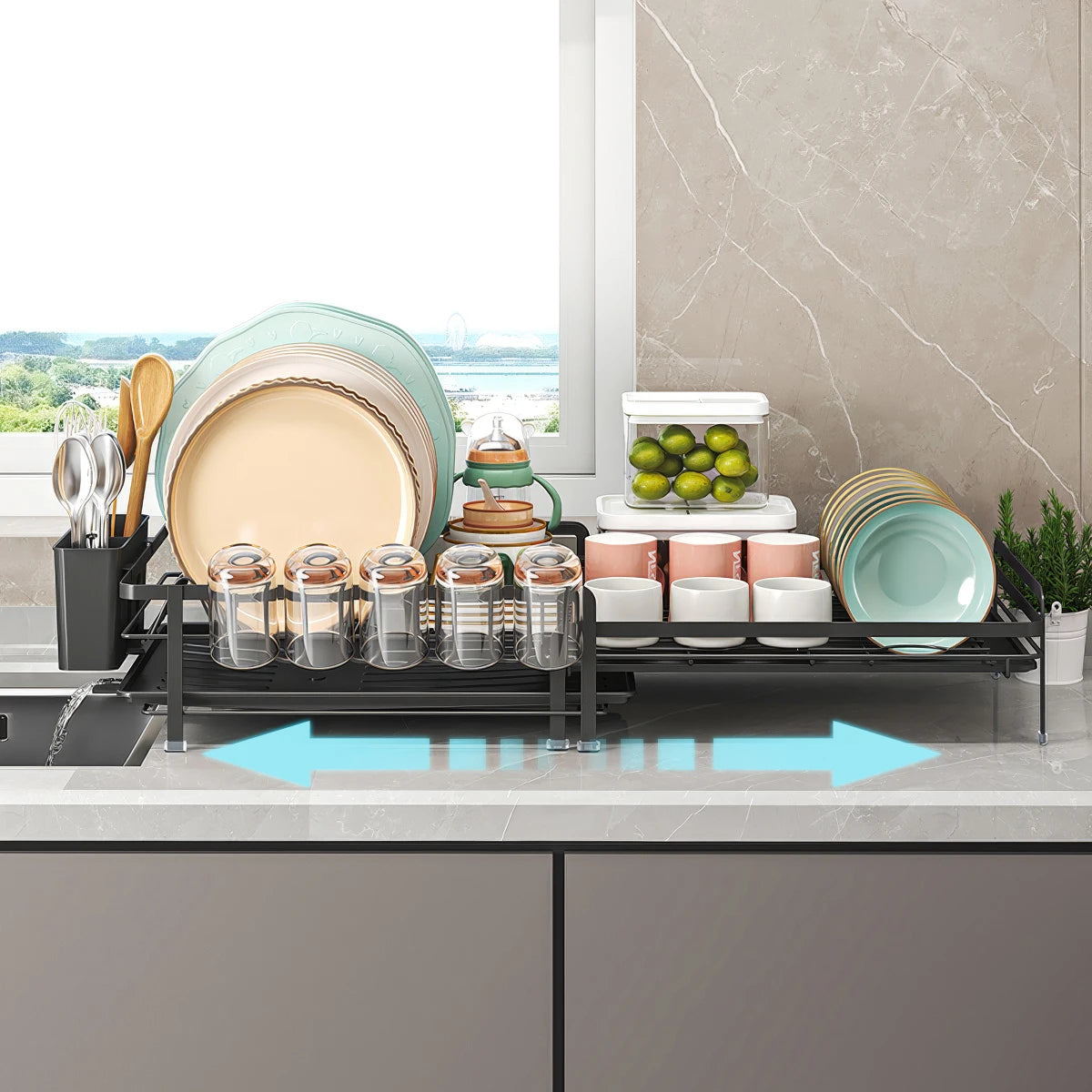 Expandable Dish Rack - Adjustable Kitchen Countertop Organizer with Utensil & Cup Holders