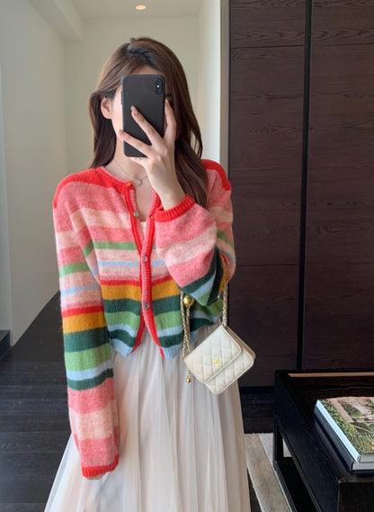 Soft Rainbow Striped Knitted Open Cardigan Long Sleeve Women's Top Trendy Lazy Style Early Autumn Fashionable Sweater Jacket