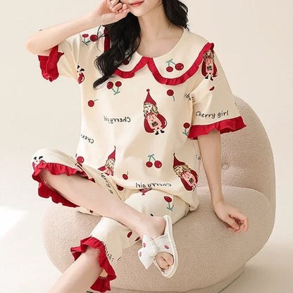 Summer Capris Pajamas for Women Plus Size 5XL Woman Causal Pajama Sets Cartoon Lapel Pijamas Cute Girl Soft Cotton Sleepwear