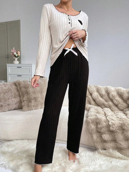 Women Autumn Winter Sleepwear Casual Long Sleeve Heart Printd Tops and Long Trousers Pajamas Set Homewear Loungewear