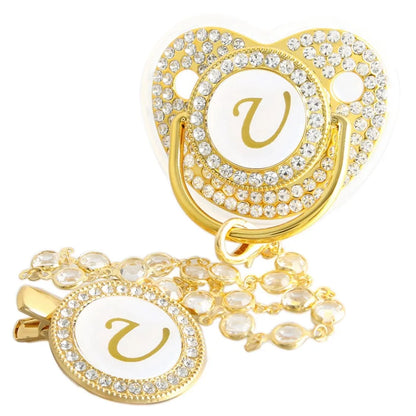 Golden Baby Pacifier With Diamond Chain Clip – Silicone, Rhinestone, Latex Free