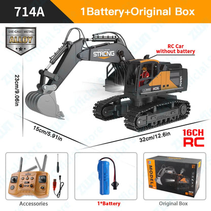 Remote Control Excavator - 1/16 Scale Alloy Dump Truck with LED Lights & Music