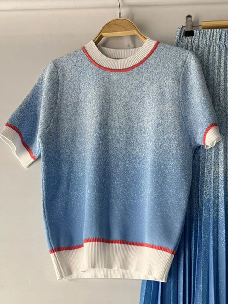 Designer retro geometric print T-neck knitted pullover two-piece 2026 summer women's dress+loose pleated skirt fashion suit