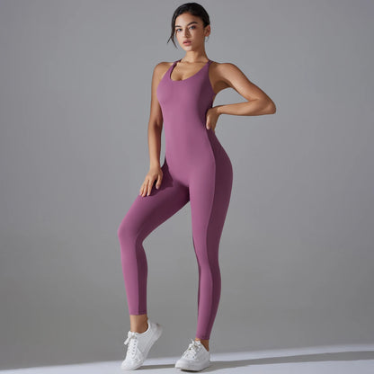 Sexy Backless Bodycon Scrunch Jumpsuit Raises Butt Women Dance Fitness Overalls Push Up Sleeveless Yoga Sport Jump Suit