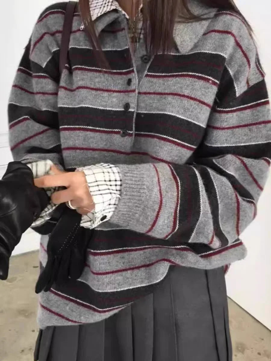 Retro Korean Style Striped Loose Fit Long Sleeve Knitwear Casual Comfortable Warm Collared Sweater for Women Spring Autumn Wi...