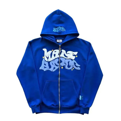 Men's Retro American Letter Zipper Printed Hooded Sweatshirt, Unisex Autumn and Winter Open Cardigan